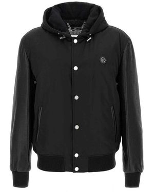 Philipp Plein Hooded Bomberjack Met Leren Mouwen - Zwart