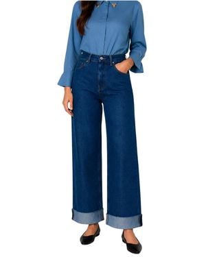 Kocca Weite Baumwolljeans Mit Hoher Taille Und Umschlagbündchen - Blau