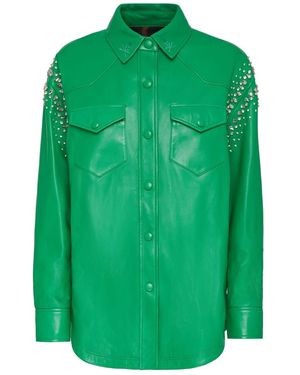 Philipp Plein Oversize Leren Shirt Crystal - Groen