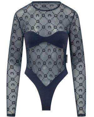 Marine Serre Tops ,Blauw ,Tweed Monogram Mesh Flock Bodysuit Top