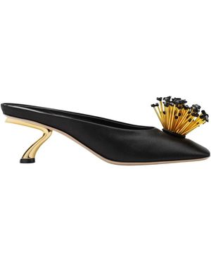 Ferragamo Schoenen ,Zwart ,Satijn Mules Met Sculptuurhak En Kristallen Bloem