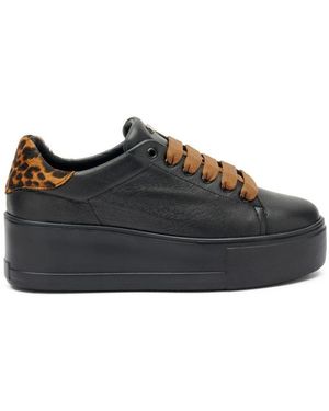 Frau Schoenen ,Zwart ,Leer Luipaard Platform Leren Sneakers Zwart