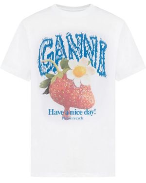 Ganni Tops ,Wit ,Katoen T-Shirt Met Aardbei - Blauw