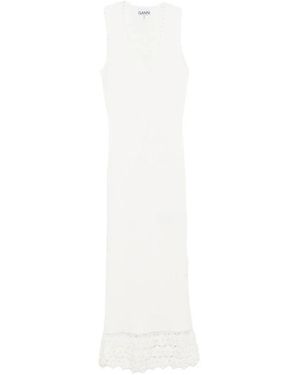 Ganni Kleedjes ,Wit ,Egret Crochet Rib-Knit V-Neck Jurk