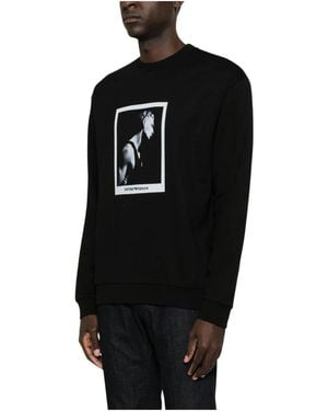 Emporio Armani Hoodies & Sweatvesten ,Zwart ,Katoen Sweatshirt Met Grafische Print En Ronde Hals