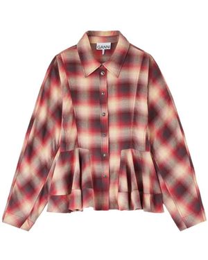 Ganni Cotton Flannel Check Peplum Shirt - Rood