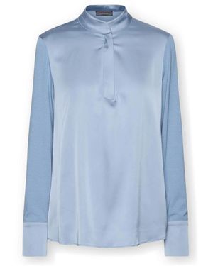 Elena Miro Overhemden ,Blauw ,Satijn Viscose T-Shirt Met Mandarijnkraag