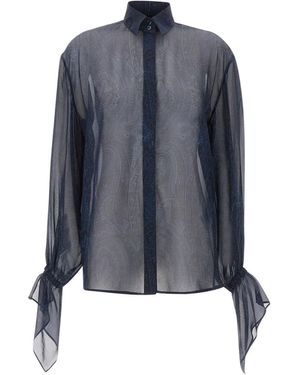 Etro Overhemden ,Blauw ,Chiffon Zijden Blouse Met Paisley-Motief