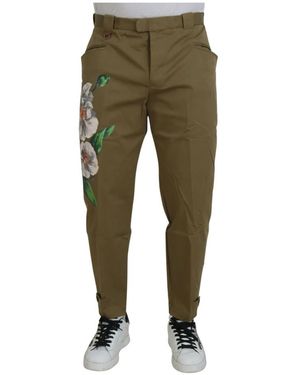 Dolce & Gabbana Cotton Stretch Floral Chinos Trousers - Green