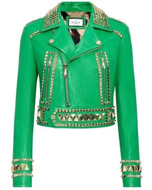 Philipp Plein Cropped Lederjacke Gothic Plein - Grün