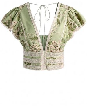 Alice + Olivia Overhemden ,Groen ,Katoen Keeley Geborduurde Top Met Pofmouwen