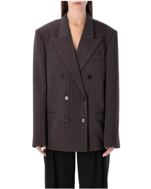 Magda Butrym Jassen ,Bruin ,Leer Pinstripe Double-Breasted Blazer