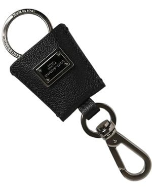 Dolce & Gabbana Dauphine Leder Zilver Metalen Logo Plaquette Sleutelhanger - Zwart