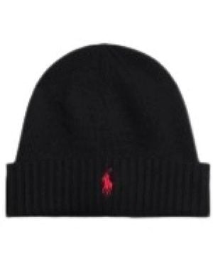 Polo Ralph Lauren Accessoires ,Zwart ,Wol Wollen Muts Met Pony-Logo