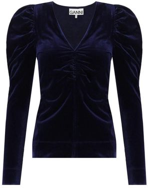 Ganni Blauer Samt V-Ausschnitt Top