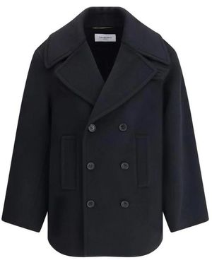 Saint Laurent Woll Caban Mantel Mit Ulster Kragen - Blau