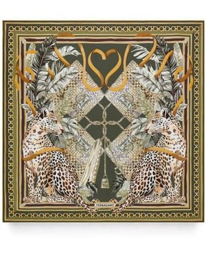 Ferragamo Accessoires ,Veelkleurig ,Leer Zijde Foulard Sjaal Met Kattenprint - Metallic