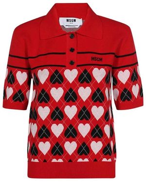 MSGM Gedrucktes Strick-Poloshirt - Rot