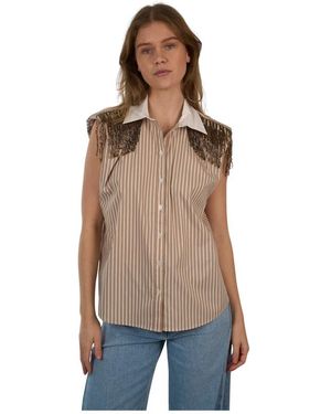 Dante 6 Overhemden ,Bruin ,Katoen Mouwloze Blouse Met Kralen Franjes - Naturel