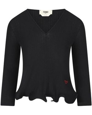 Fendi Schwarzer V-Ausschnitt Pullover Mit Gewelltem Saum