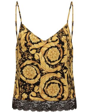 Versace Tops ,Veelkleurig ,Zijden Hemdje Met Zwarte Kanten Onderkant - Bruin