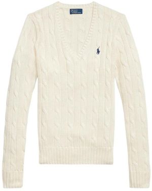 Ralph Lauren Trui Met V-Hals Van Katoen Met Kabelsteek - Wit