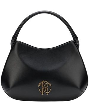 Roberto Cavalli Tassen ,Zwart ,Katoen Leren Handtas Met Handvat En Monogram Rc