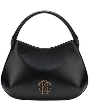 Roberto Cavalli Tassen ,Zwart ,Katoen Leren Handtas Met Handvat En Monogram Rc