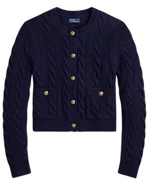 Polo Ralph Lauren Truien & Vesten ,Blauw ,Wol Kabelgebreid Vest Met Ronde Hals