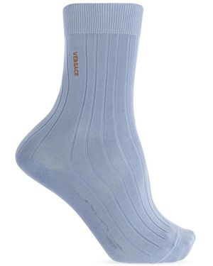 Versace Geborduurde Geribbelde Katoenen Sokken - Blauw