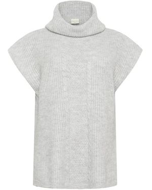 Kaffe Grau Melange Gestrickter Poncho Mit Rollkragen - Weiß