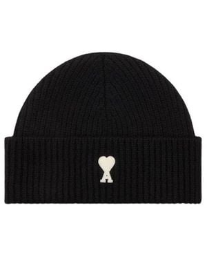 Ami Paris Accessoires ,Zwart ,Wol Muts Met Contrasterende Ami De Coeur
