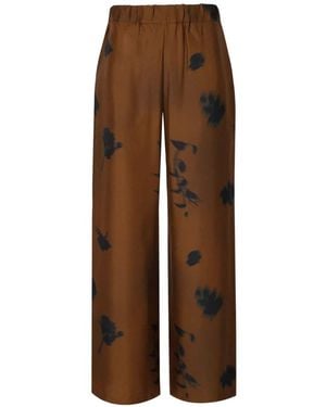 Max Mara Bronzen Zijden Bloemenprint Elastische Taillebroek - Bruin