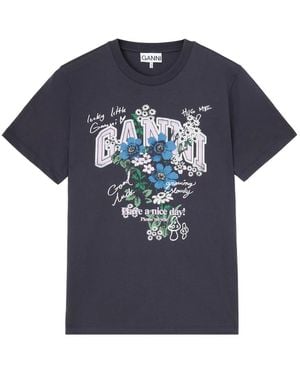 Ganni Tops ,Grijs ,Katoen Teddy Mushrooms T-Shirt - Blauw