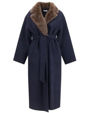 P.A.R.O.S.H. Wollmantel Mit Pelzkragen Und Gürtel - Blau