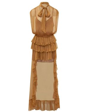 ACTUALEE Kleedjes ,Bruin ,Mouloze Lange Jurk Met Hoge Hals En Strik - Naturel