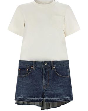 Sacai Kleedjes ,Veelkleurig ,Katoen Jurk Met Kapmouweffect En Plooien Van Jersey Van Katoen En Zijde En Denim - Blauw