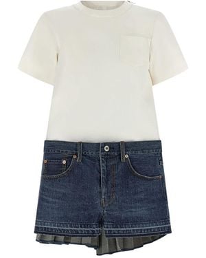 Sacai Kleedjes ,Veelkleurig ,Katoen Jurk Met Kapmouweffect En Plooien Van Jersey Van Katoen En Zijde En Denim - Blauw