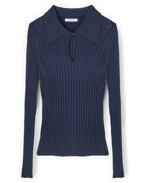 mötivi Gerippter Poloshirt-Pullover Aus Viskose Mit Cut-Out - Blau