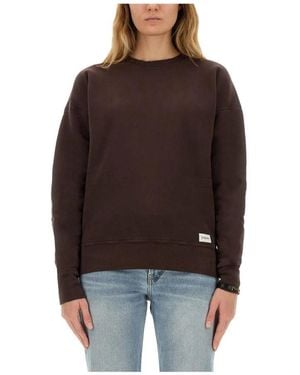 Saint Laurent Hoodies & Sweatvesten ,Bruin ,Katoen Logo Patch Fleece Sweatshirt