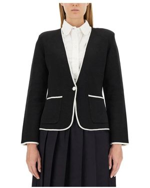 Thom Browne Double Face Single-Breasted Kraagloze Jas Van Merino Wol Met Sierrand - Zwart