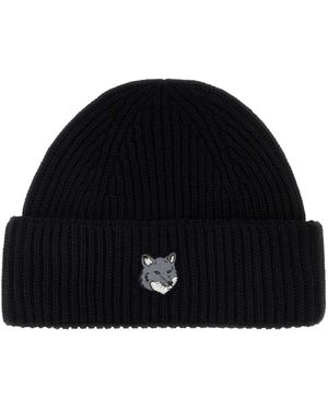 Maison Kitsuné Accessoires ,Zwart ,Wol Fox Patch Ribbed Beanie