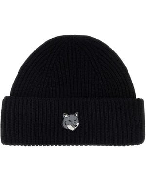 Maison Kitsuné Fox Patch Rippstrick-Mütze - Schwarz