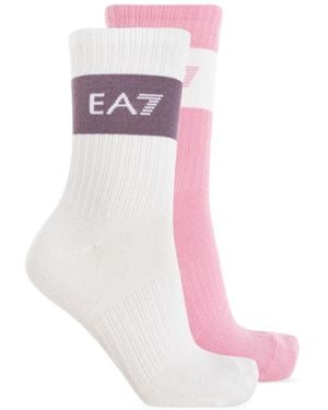 EA7 Ondergoed ,Wit ,Katoen Twee Paar Logo Sokken - Roze
