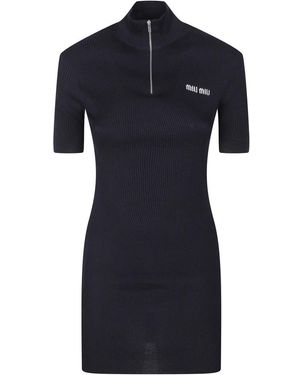 Miu Miu Geripptes Mini-Strickkleid Mit Logo-Stickerei - Blau