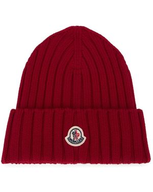 Moncler Accessoires ,Rood ,Wol Logo-Patch Ribbelmuts