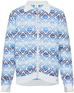 CASABLANCA Space Dye Monogram Lange Mouw Merino Cardigan - Blauw