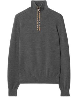 Burberry Pullover Mit Karomuster-Besatz Aus Wolle Und Halblangem Reißverschluss - Grau