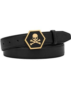 Philipp Plein Leren Riem Met Schedelgesp - Zwart