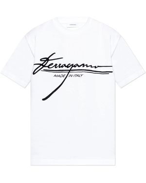 Ferragamo Tops ,Wit ,Katoen T-Shirt Met Logo En Velvet Afwerking